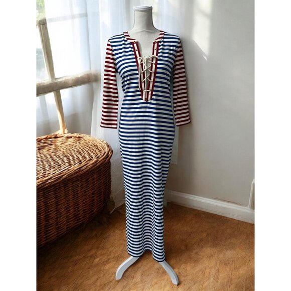 J Crew‎ Sammie Striped Sailor Sporty Preppy Lace-Up Maxi Dress Size XS - Picture 1 of 12